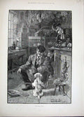 Original Old Antique Print 1893 Fine Art Pet Shop Puppy Dog Cages Man Boy 19th