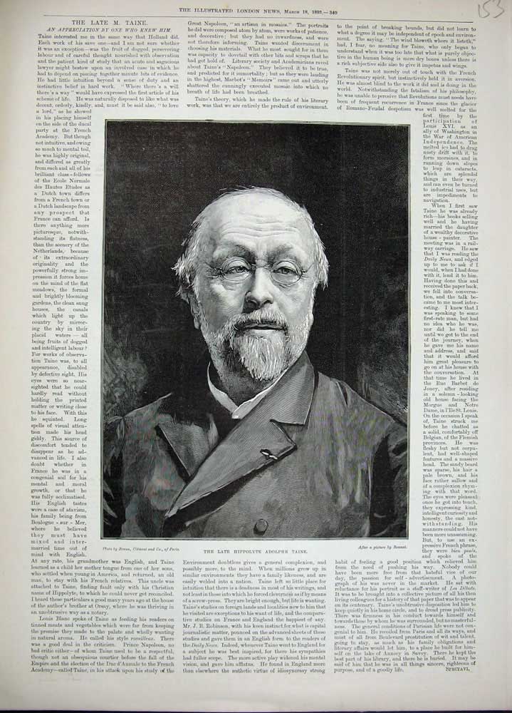 Original Old Antique Print 1893 Portrait Hippolyte Adolphe Taine Men Victorian