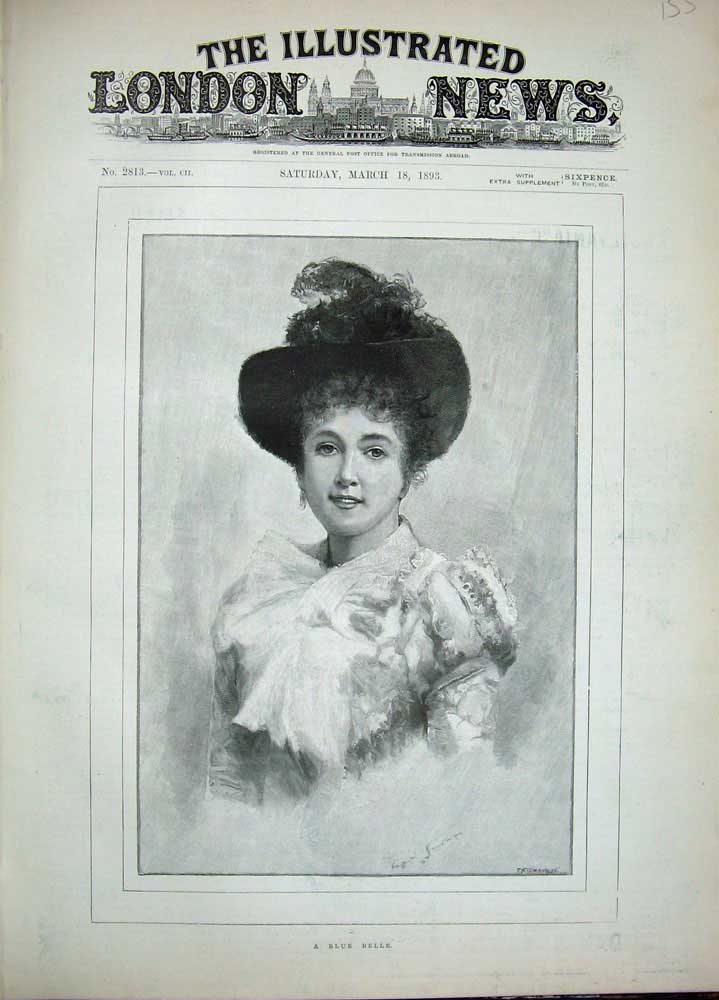 Original Old Antique Print 1893 Portrait Blue Belle Beautiful Woman Lady 19th