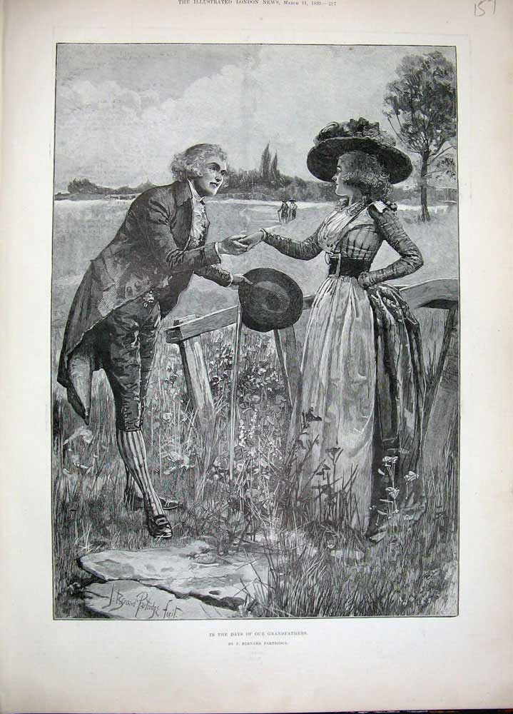 Original Old Antique Print 1893 Partridge Fine Art Man Woman Romance Country