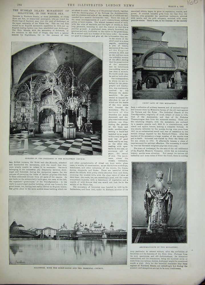 Old Antique Print 1893 Russian Monastery Solovetsk Shrines Archimandrite 19th