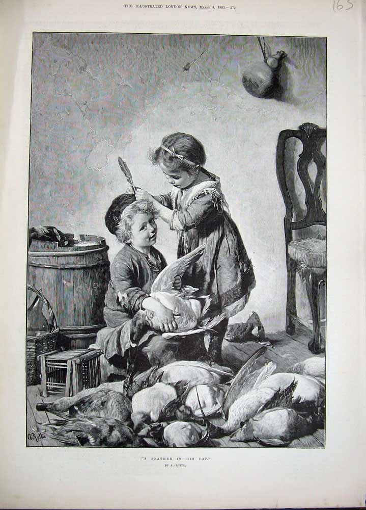 Original Old Antique Print 1893 Little Boy Girl Children Dead Ducks Feathers