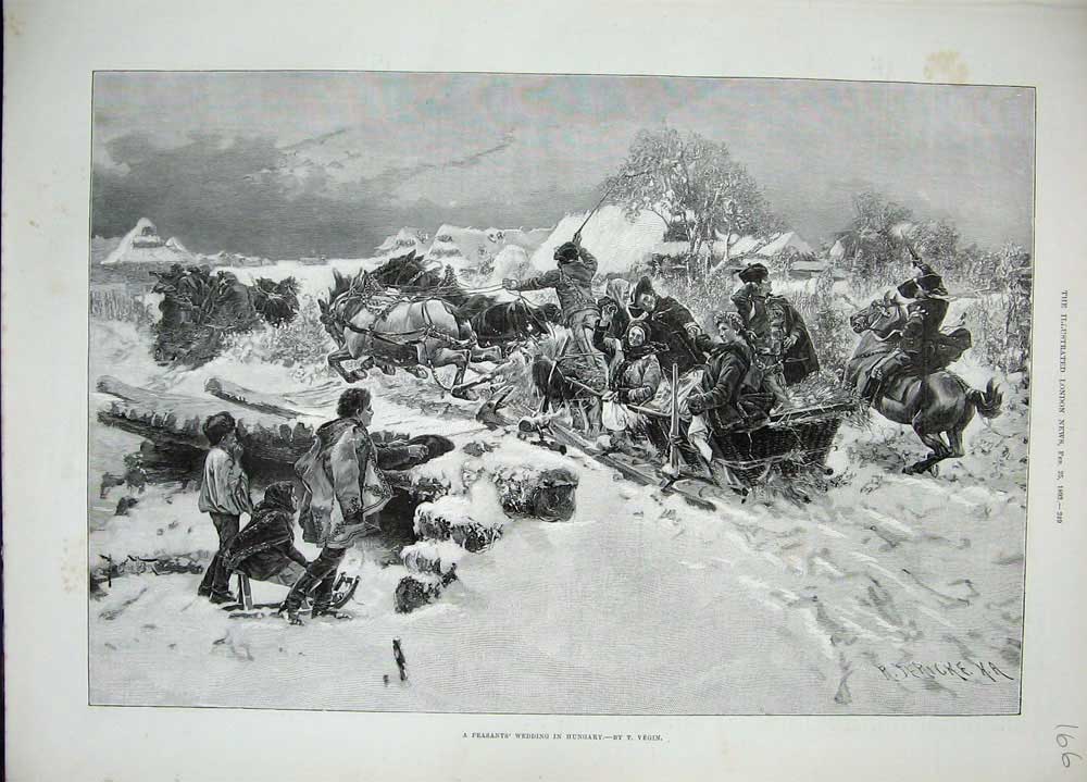 Original Old Antique Print 1893 Peasants Wedding Hungary Snow Horses Sledge Art