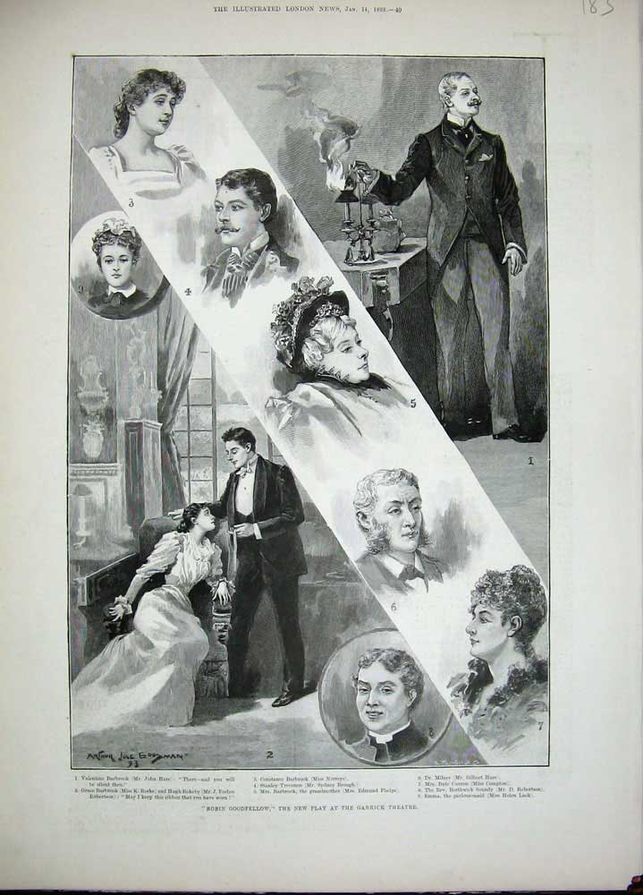 Original Old Antique Print 1893 Robin Goodfellow New Play Garrick Theatre 19th