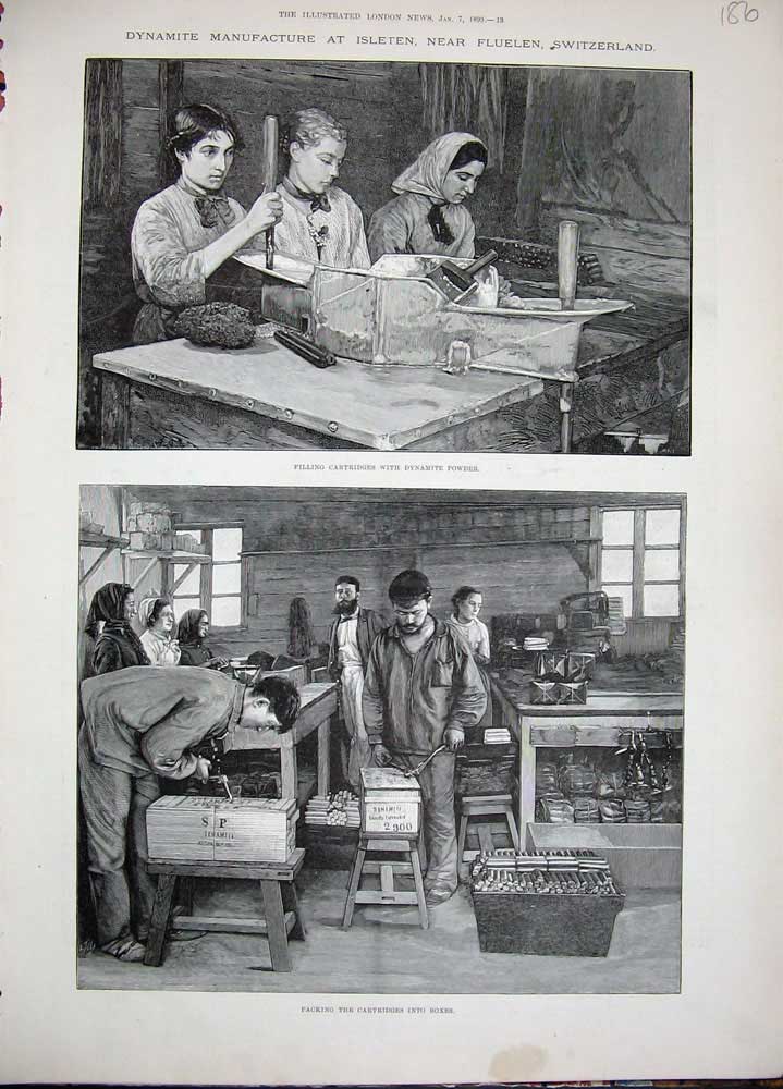 Original Old Antique Print 1893 Dynamite Manufacture Isleten Switzerland Powder