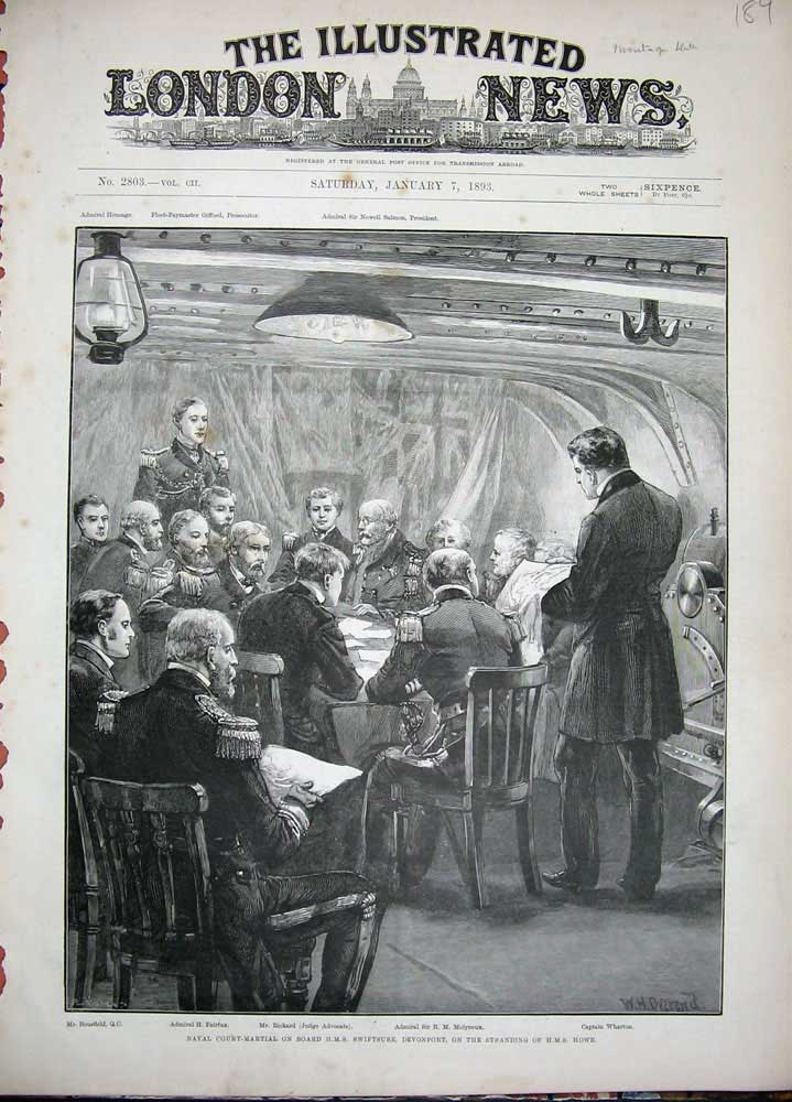 Old Antique Print 1893 Court-Martial H.M.S Swiftsure Devonport Howe Men 19th
