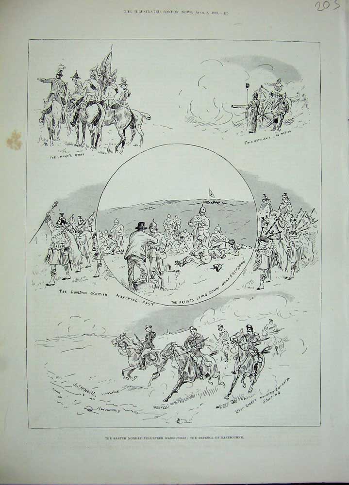 Original Old Antique Print Easter Monday Volunteer Manoeuvres 1893 Eastbourne