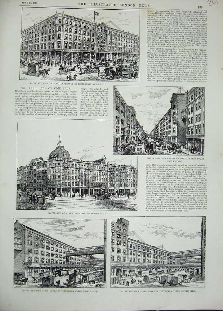 Original Old Antique Print 1893 Maple Tottenham Factory Euston London Buildings
