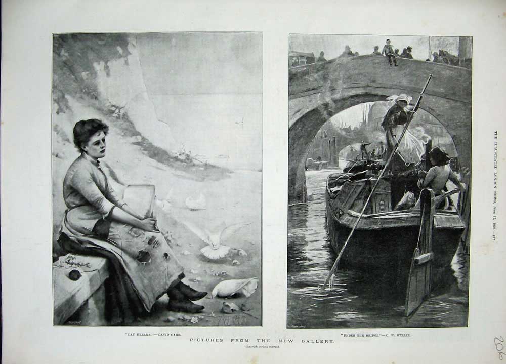 Old Antique Print 1893 Gallery Art Painting Boat River Bridge Birds Carr 19th