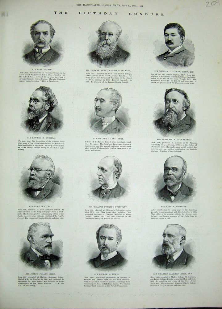 Old Antique Print 1893 Portrait Men Cameron Lewis Priestley Farrer Bart 19th