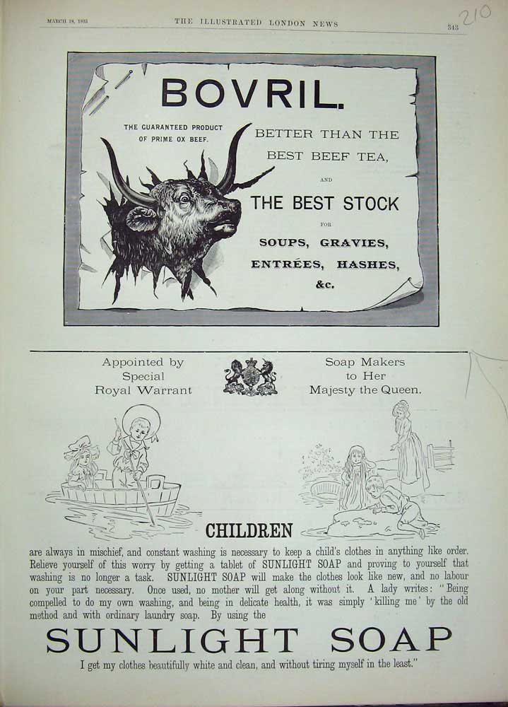 Original Old Antique Print 1893 Advertisement Bovril Stock Soup Sunlight Soap