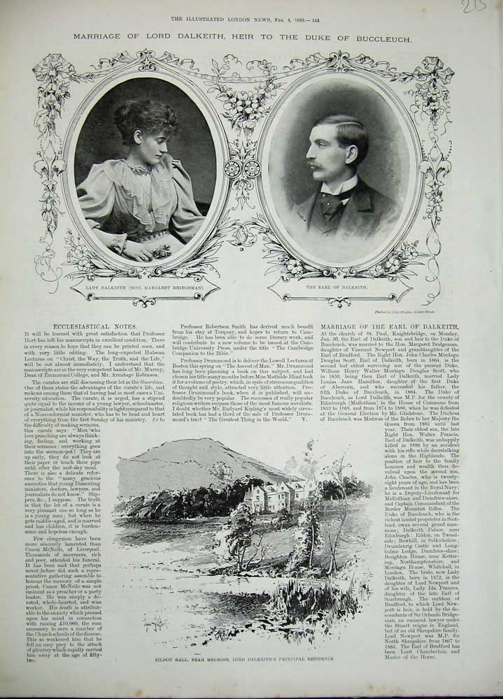 Original Old Antique Print 1893 Wedding Earl Dalkieth Margaret Bridgeman Eildon