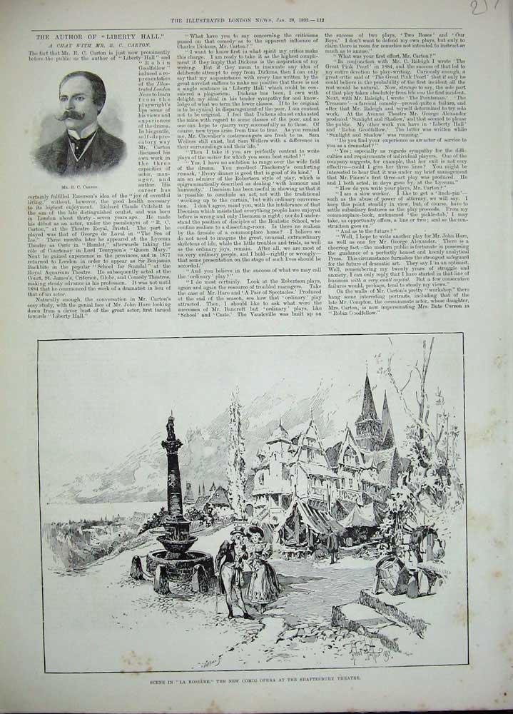 Old Antique Print 1893 Mr Carton Rosiere Comic Opera Shaftesbury Theatre 19th