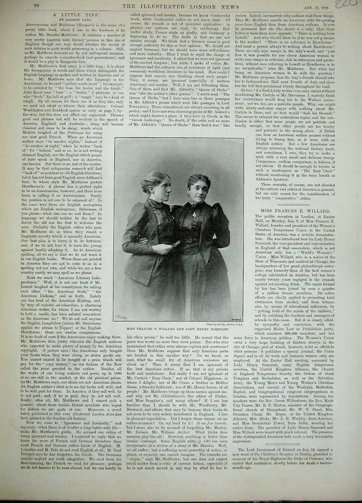 Old Antique Print 1893 Portrait Miss Frances Willard Lady Henry Somerset 19th