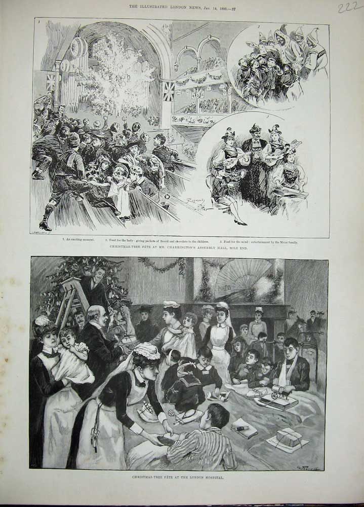 Original Old Antique Print 1893 Christmas London Hospital Charrington Assembly