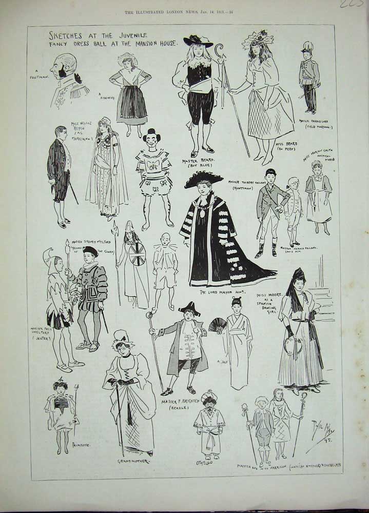 Old Antique Print 1893 Childrens Fancy Dress Ball Mansion House Costumes 19th