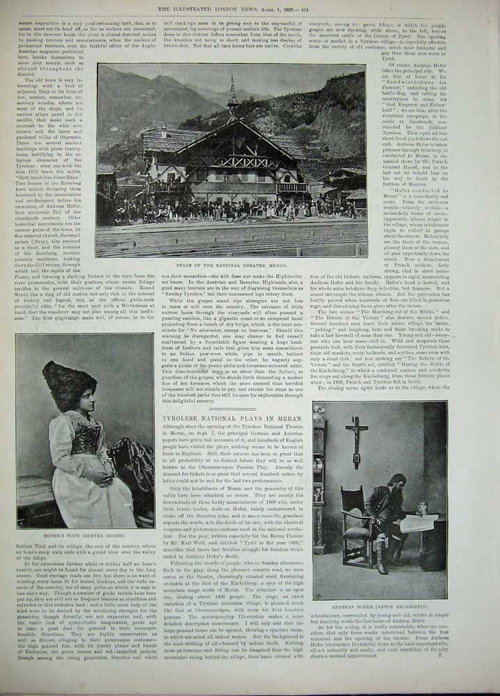 Original Old Antique Print 1893 Church Meran Saltner Burg Theatre Bertha Hofer