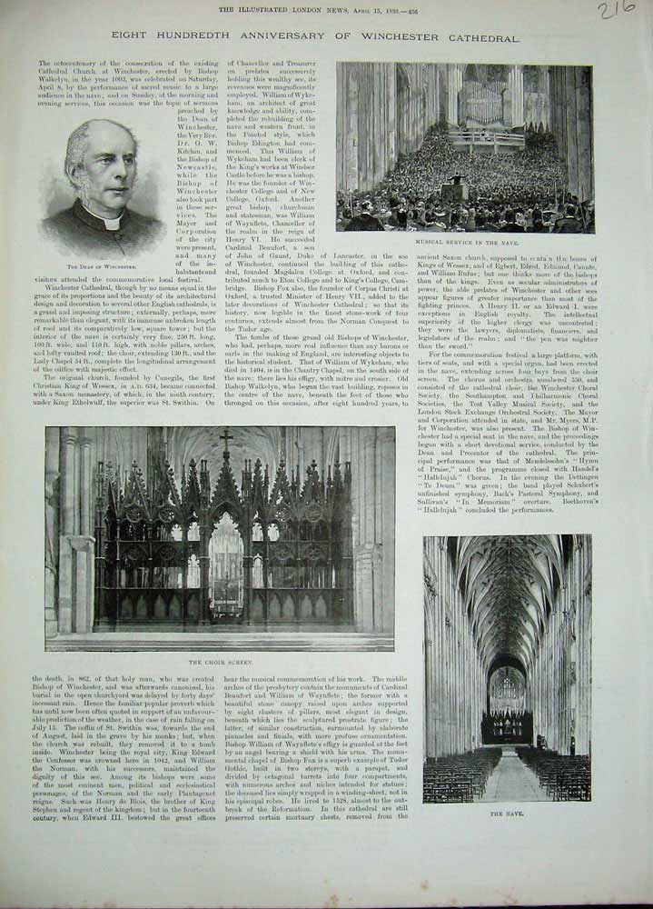 Old Antique Print 1893 Winchester Cathedral Nave Dean Choir Screen Music 19th