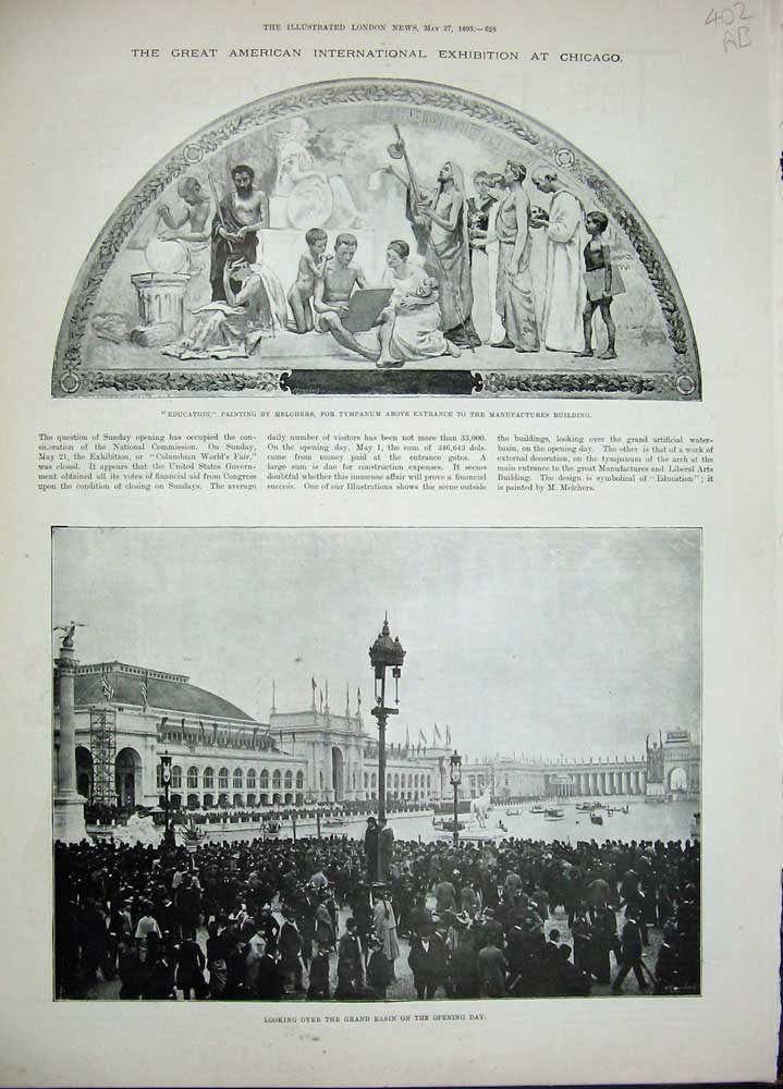 Old Antique Print 1893 Chigaco Grand Basin Exhibition Building Melchers 19th