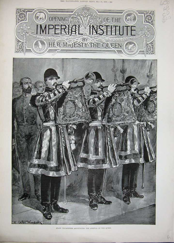 Original Old Antique Print 1893 Imperial Institute Queen Trumpeters Kensington