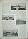 Antique Old Print 1893 Chigaco Fisheries Horticultural Mining Battle Ship 19th