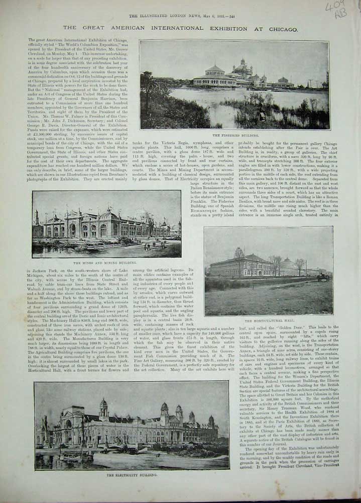 Antique Old Print 1893 Chigaco Fisheries Horticultural Mining Battle Ship 19th