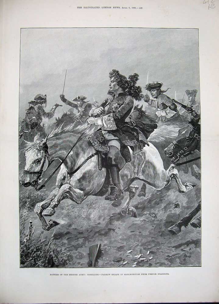 Old Antique Print 1893 Battle British Army Marlbiriugh Dragoons French 19th
