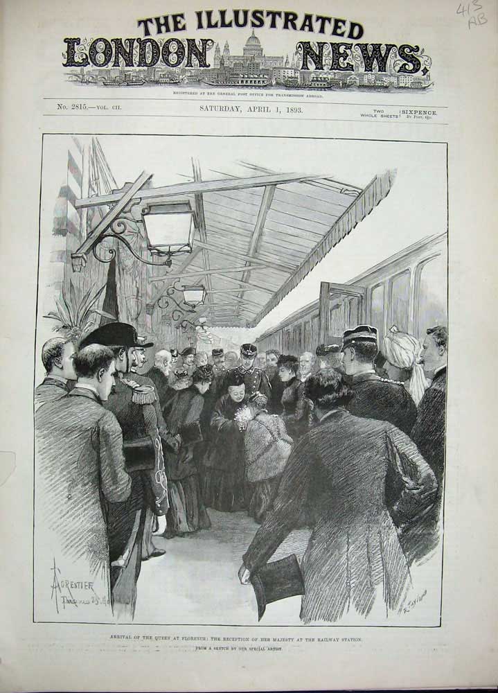 Antique Old Print 1893Queen Florence Railway Station Train Villa Palmieri 19th
