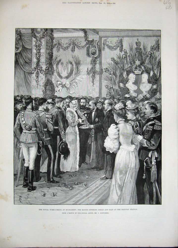 Antique Old Print 1893 Royal Bucharest Mayor Bread Railway Station Church 19th