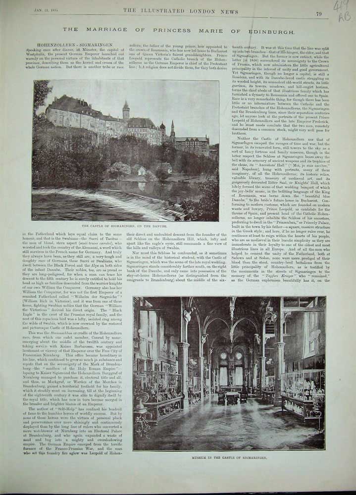 Original Old Antique Print 1893 Marriage Princess Marie Edinburgh Sigmaringen