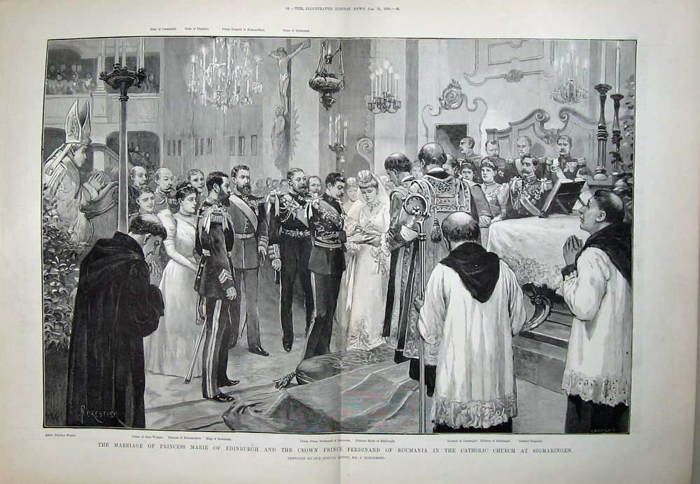 Original Old Antique Print 1893 Marriage Princess Edinburgh Church Sigmaringen