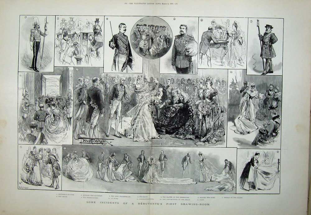 Old Antique Print 1893 Debutantes Drawing Room Yeoman Gauntlet Dancing 19th