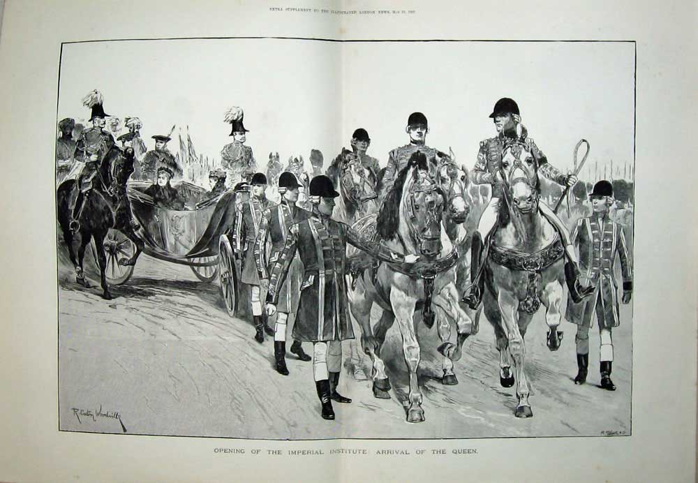 Old Antique Print 1893 Imperial Institute Opening Queen Horses Carriage 19th