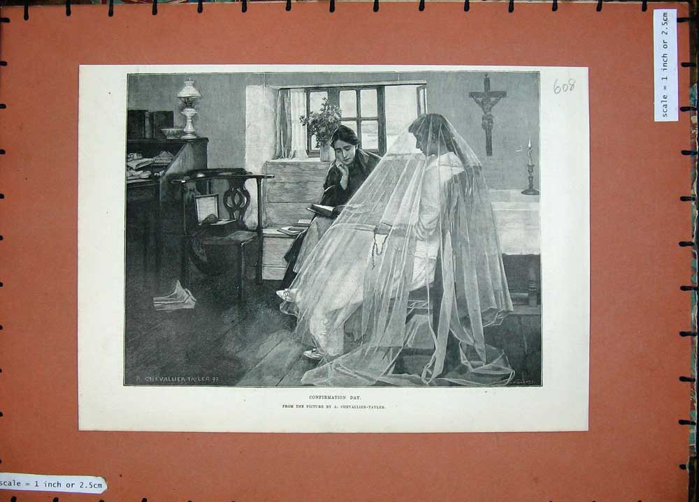 Old Antique Print Chevallier-Tayler Art 1893 Confirmation Day Man Woman 19th