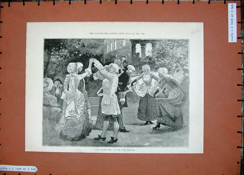 Original Old Antique Print 1893 Scene Gen Web Lyric Theatre Romance Men Ladies