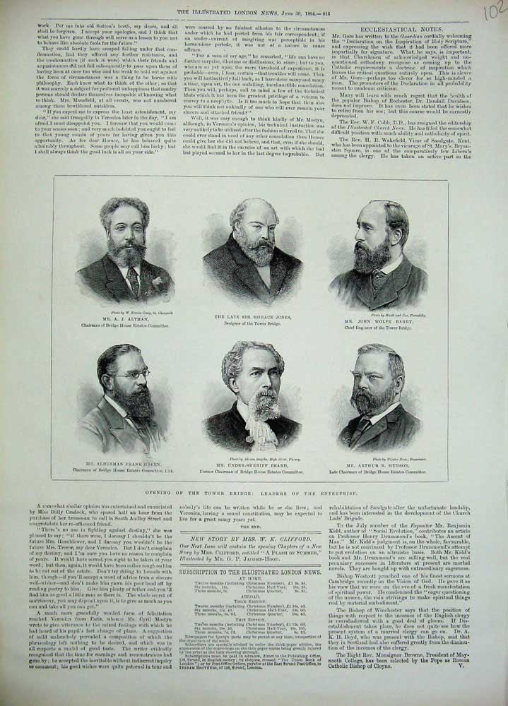 Old Antique Print 1894 Tower Bridge London Altman Jones Barry Green Men 19th