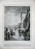 Old Antique Print 1894 Venice Canal Boats Bridge Architecture Buildings 19th
