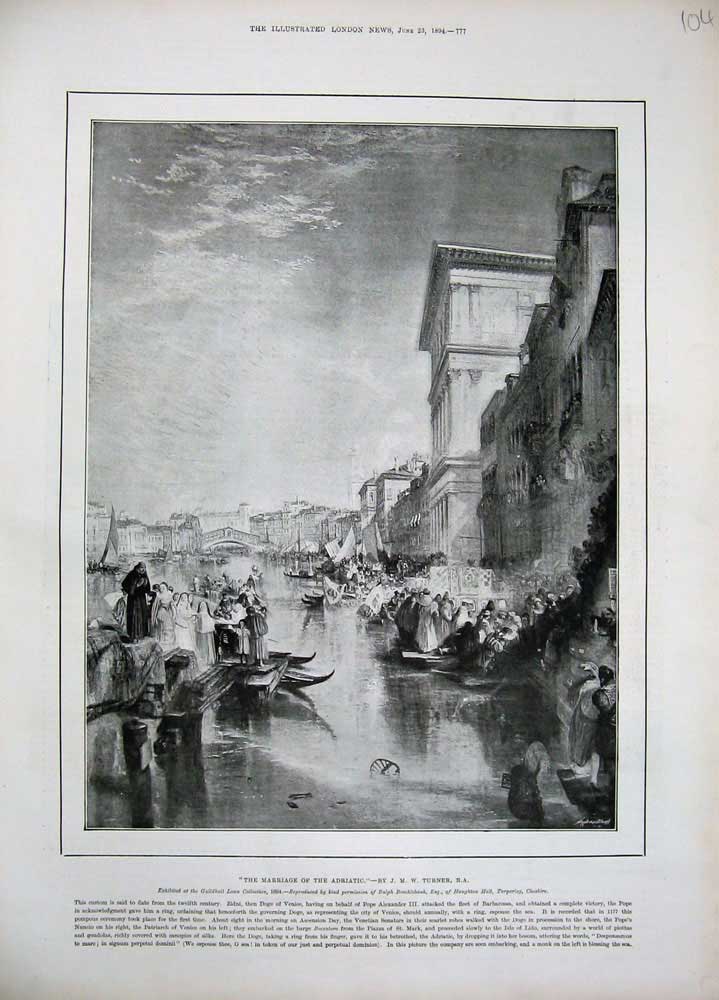 Old Antique Print 1894 Venice Canal Boats Bridge Architecture Buildings 19th