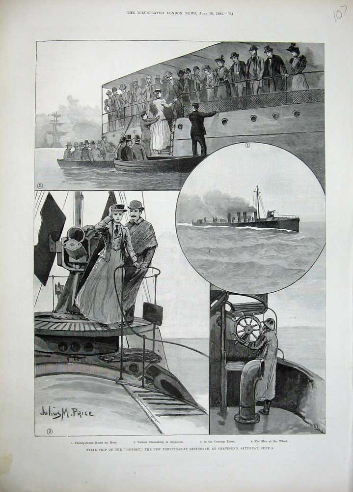 Old Antique Print 1894 Hornet Torpedo Boat Destroyer Gravesend Ship Wheel 19th