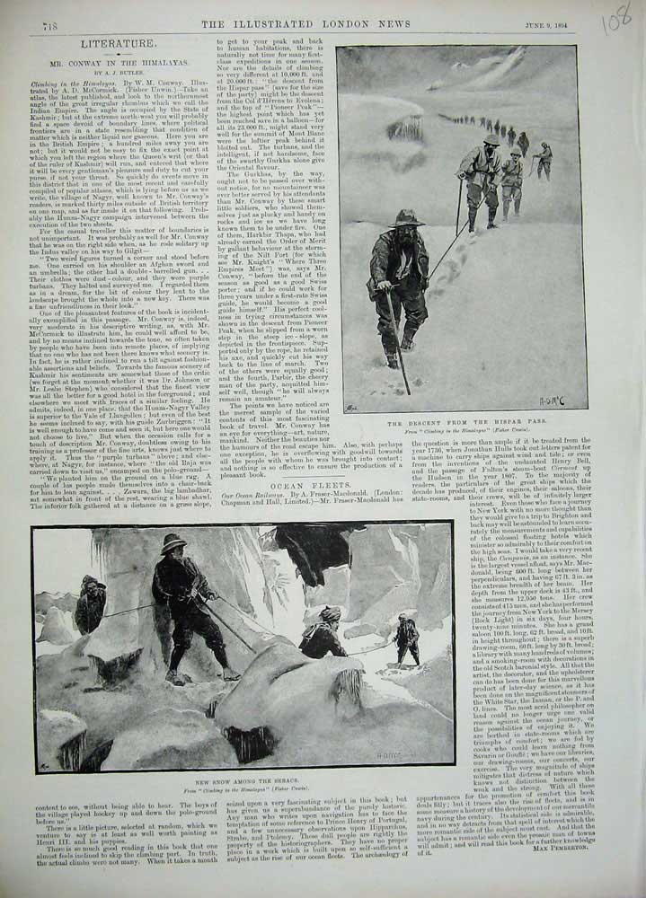 Original Old Antique Print 1894 Himalayas Hispar Pass Snow Seracs Mountains Art