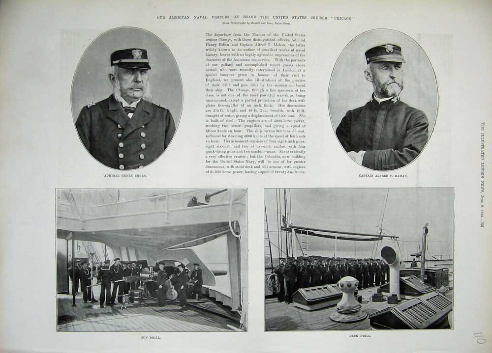 Old Antique Print 1894 America Ship Chicago Captain Mahan Admiral Erben 19th