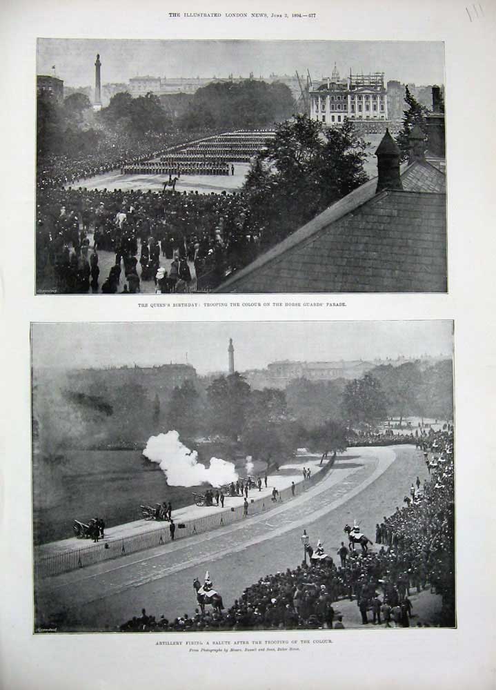 Original Old Antique Print 1894 Queen'S Birthday Horse Guards Parade Trooping