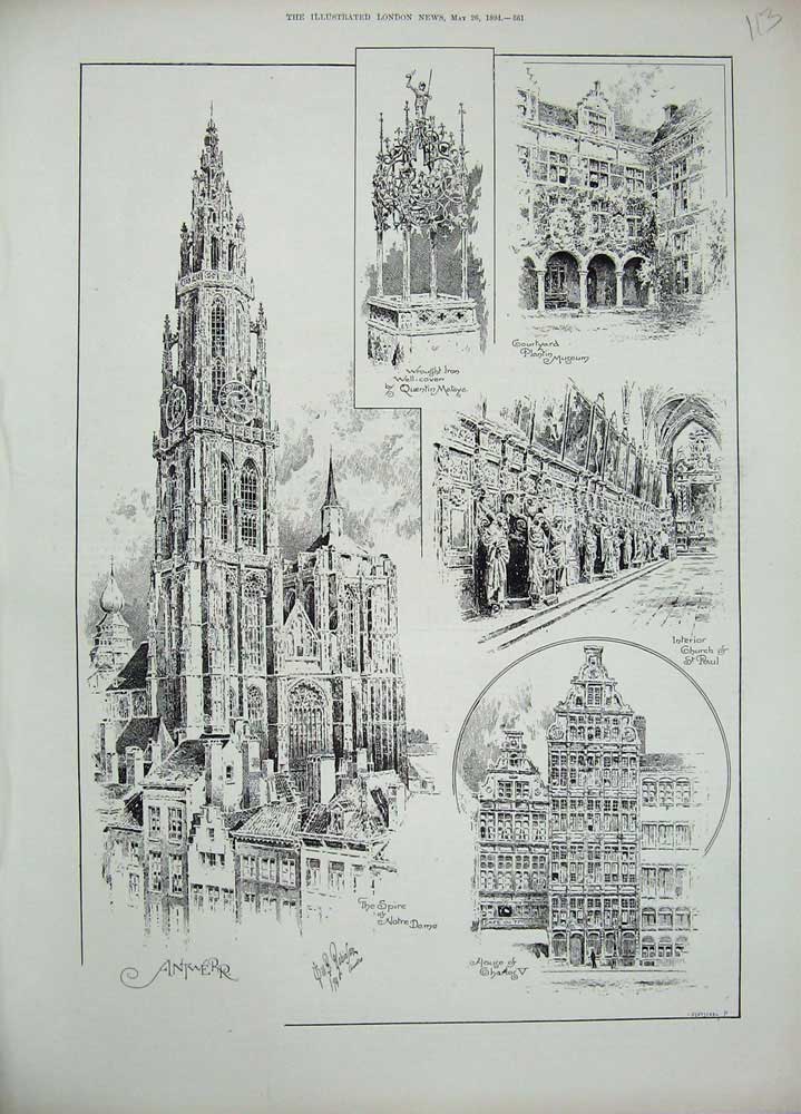 Old Antique Print 1894 Antwerp Notre Dame Church Museum St Paul Charles 19th