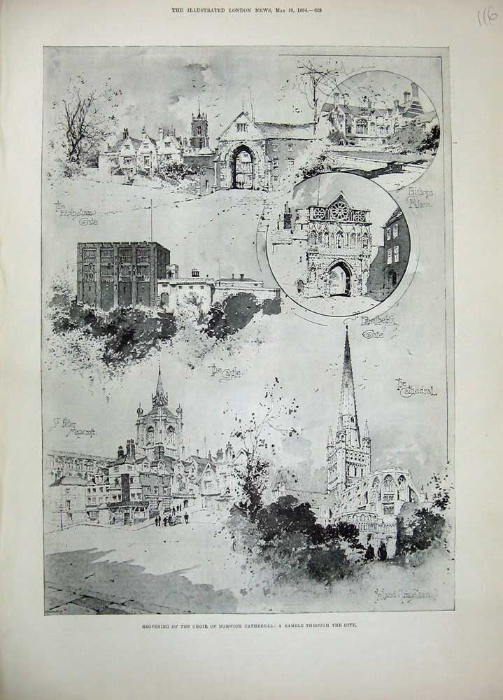 Old Antique Print 1894 Choir Norwich Cathedral Bishop'S Palace Mancroft 19th