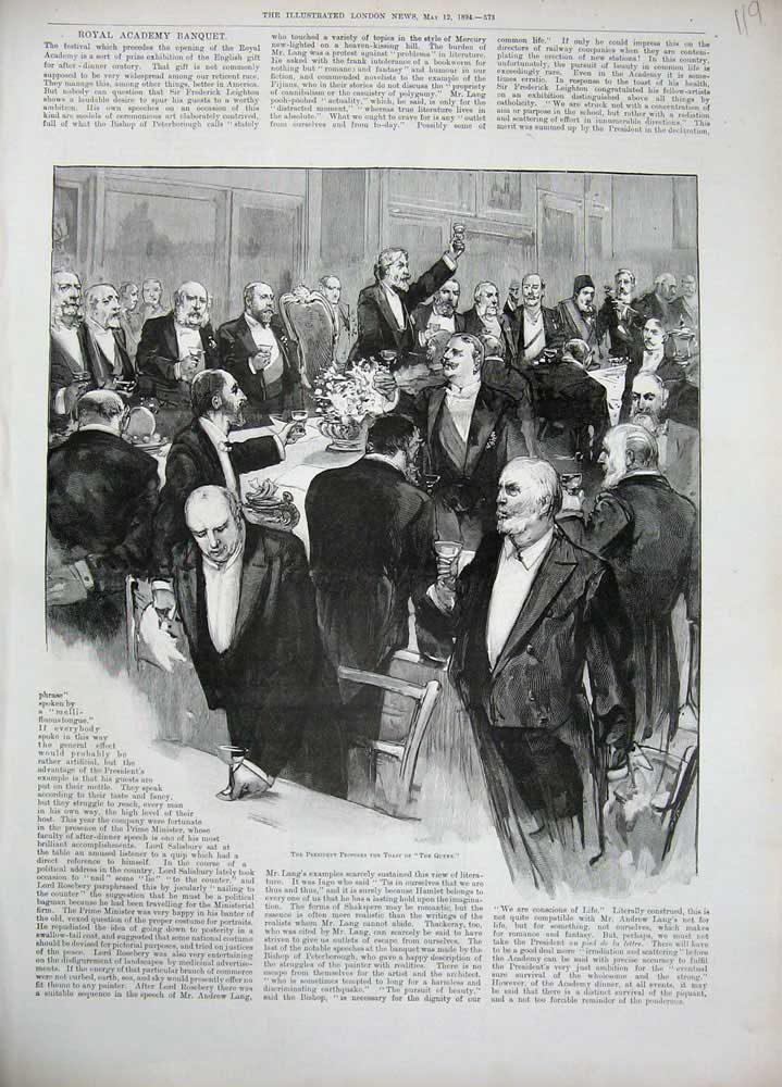 Original Old Antique Print 1894 Royal Academy Banquet President Toast Queen