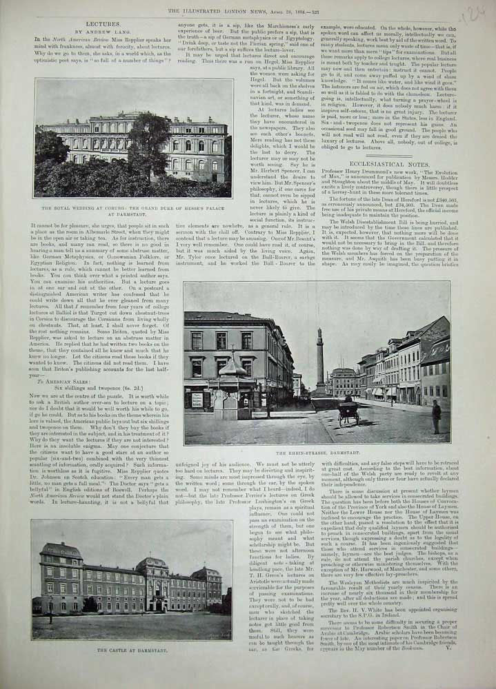 Old Antique Print 1894 Duke Hesse Palace Darmstadt Castle Rhein-Strasse 19th