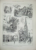 Original Old Antique Print Grantham Loncolnshire Church Angel Hotel School 1894