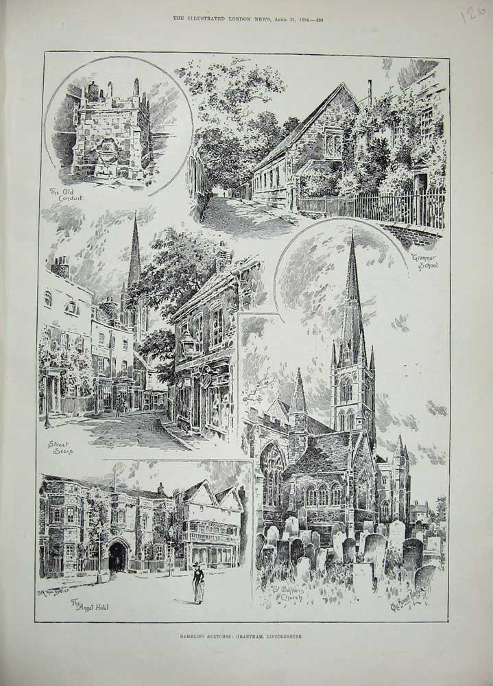 Original Old Antique Print Grantham Loncolnshire Church Angel Hotel School 1894