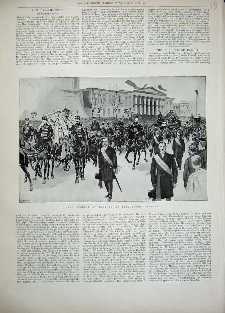 Old Antique Print Funeral Kossuth Buda-Pesth Hungary 1894 Horses Coffin 19th