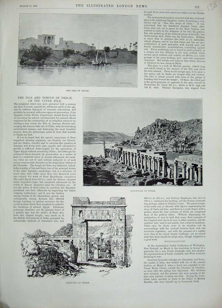 Original Old Antique Print 1894 Isel Philae Colonnade Archway Temple Nile Egypt